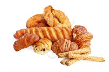 Different white bread, buns with poppy seeds and raisins, puff pastries, bread sticks isolated on white background