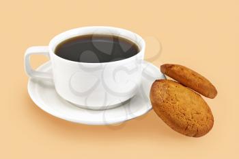 White cup of coffee, two oatmeal cookies isolated on a yellow background