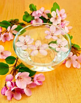 Pink apple flowers in a glass bowl with water on a wooden board