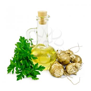 Several of tubers of Jerusalem artichoke with parsley and a bottle of vegetable oil isolated on white background
