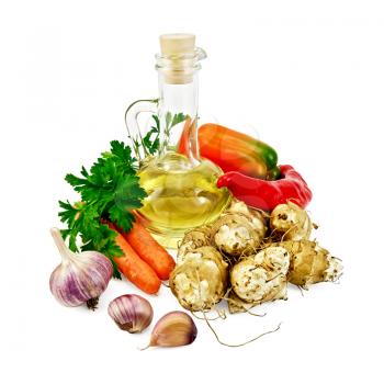 Tubers of Jerusalem artichoke, garlic, carrots, parsley, sweet and spicy red pepper, a bottle of vegetable oil isolated on white background