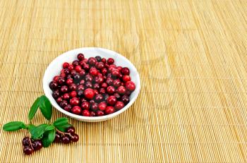 Berry lingonberry in a white bowl, two twigs with berries and green leaves on a bamboo mat