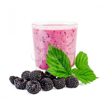 The glass of milkshake, berries and green twig blackberry isolated on white background