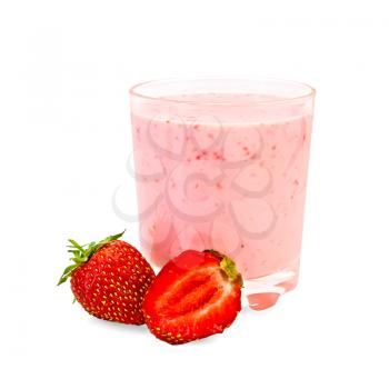 The glass of milk shake, one whole and half of strawberries isolated on white background