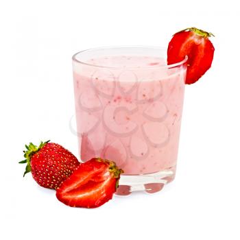 The glass of milkshake, strawberries isolated on white background