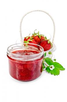 Strawberry jam in a glass jar with strawberries in a white wicker basket, strawberry leaf and flower isolated on white background
