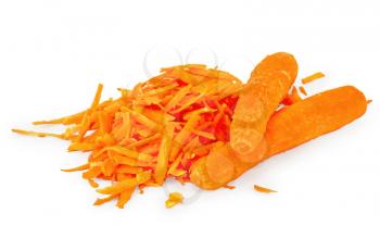 A pile of shredded fresh carrots and two whole carrots isolated on white background