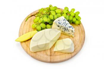 Blue cheese, suluguni, grapes, knife on a round wooden board isolated on white background