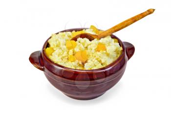 Millet porridge with pumpkin and spoon in a clay pot isolated on white background