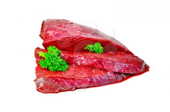 A piece of beef with parsley isolated on white background