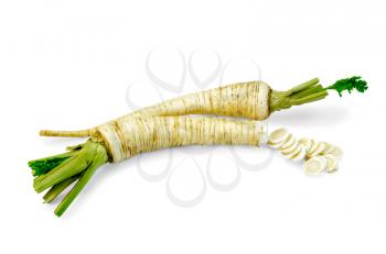 Parsley roots whole and sliced with green tops isolated on white background