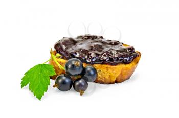A slice of toast with jam from blackcurrant, branch with berries and leaves of black currant isolated on white background