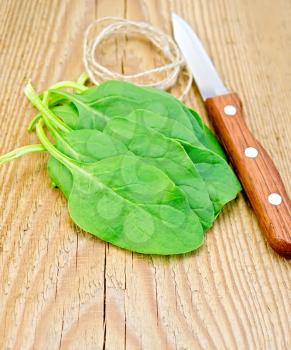 Bunch of green spinach with a knife and twine on the background of wooden boards