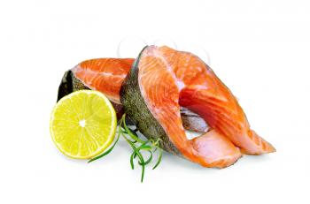 Two pieces of trout with lemon and rosemary isolated on white background