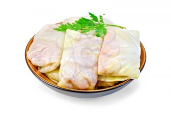 Prepared stuffed cabbage with minced, parsley in a dish isolated on white background