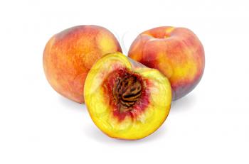 Two whole peach and one half peach isolated on white background