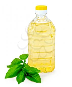Vegetable oil in a bottle with basil isolated on white background