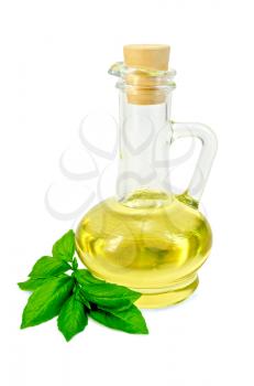 Vegetable oil in a glass carafe with basil isolated on white background