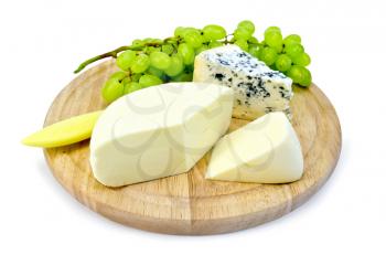 Cheese with fungus, suluguni, a bunch of grapes, a knife on a round wooden board isolated on white background
