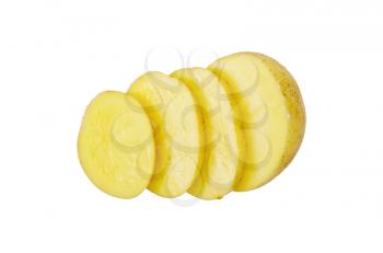 One yellow cut into slices of potato isolated on white background