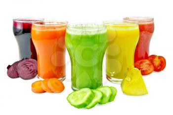 Five tall glasses with juice of carrot, cucumber, tomato, beetroot and pumpkin, vegetables isolated on white background
