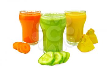 Three tall glasses with juice of carrot, cucumber and pumpkin, vegetables isolated on white background