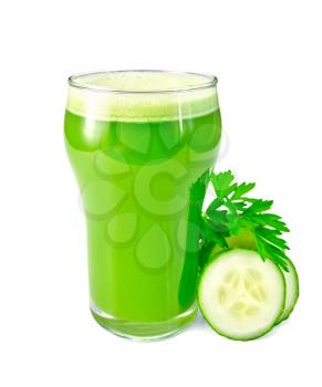 Cucumber juice in a tall glass, cucumber, parsley isolated on a white background