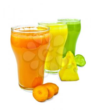 Three tall glass of carrot juice, cucumber, pumpkin, vegetables isolated on white background