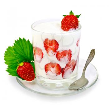 Thick yogurt with strawberries in a glass with a spoon on the saucer isolated on white background