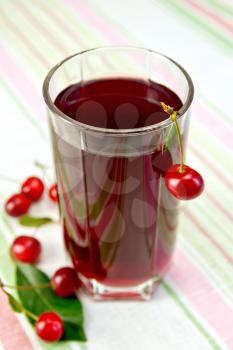 Cherry compote in a tall glass, cherries on a background of a linen tablecloth