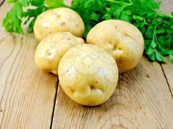 Yellow potatoes with parsley on a wooden boards background