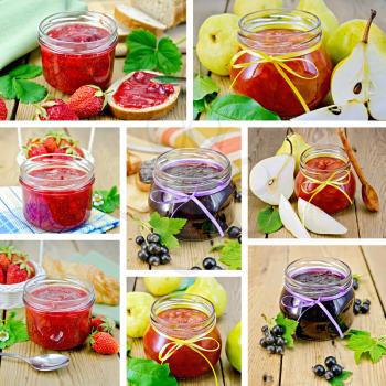 Set photos of jam strawberry, black currant and pear on a wooden boards background