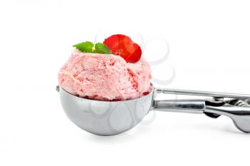 Strawberry ice cream with mint in a special metal spoon isolated on white background