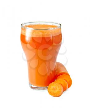 Carrot juice in a tall glass with slices of carrots isolated on white background