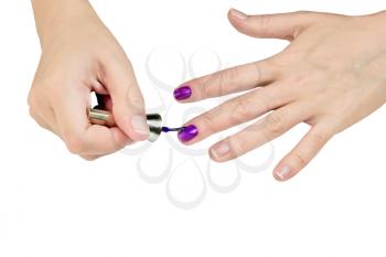 Woman paints fingernails purple varnish