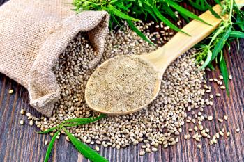 Hemp flour in a spoon, the grain in the bag and on the table,  leaves and stalks of cannabis on the background of wood planks