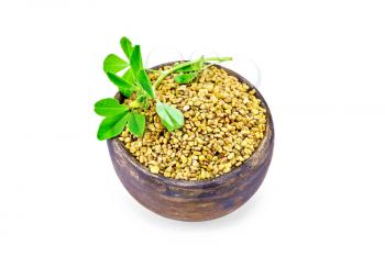 Fenugreek seeds in a large clay bowl with green leaves isolated on white background