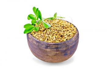 Fenugreek seeds in a clay bowl with green leaves isolated on white background