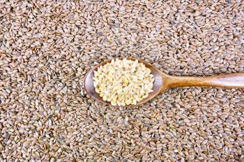 White linen seeds in a wooden spoon against a background of brown flaxseed