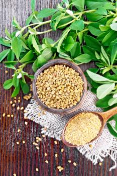 Ground fenugreek in a spoon and seeds in a bowl on burlap with green leaves on wooden board background from above