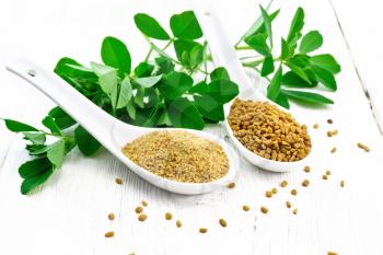 Fenugreek seeds and ground spice in two spoons and on a table with green leaves on wooden board background