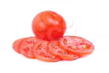 whole and sliced fresh red tomatoes isolated on white background 