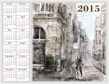 Calendar 2015 with illustration of city street.  Watercolor style.