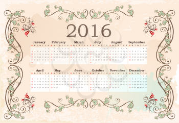 Calendar for 2016. Vintage style.