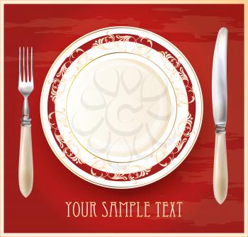 Realistic plate with knife and fork. Menu design template.
