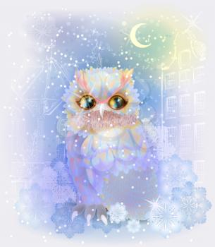 Fairytale owl in the snowy city. Christmas  and New Year illustration.  Winter in the city. Watercolor style.