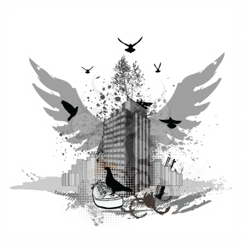Grunge urban background. Cityscapes and flying pigeons