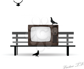 Retro TV on the bench and pigeons