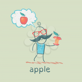 man eats an apple and think of the apple