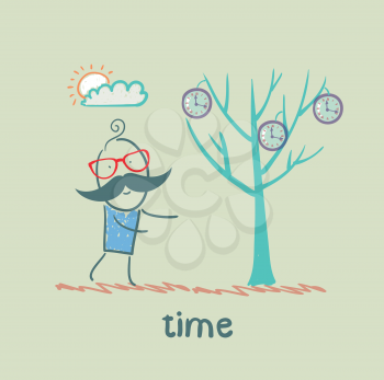 man grows a tree with clock